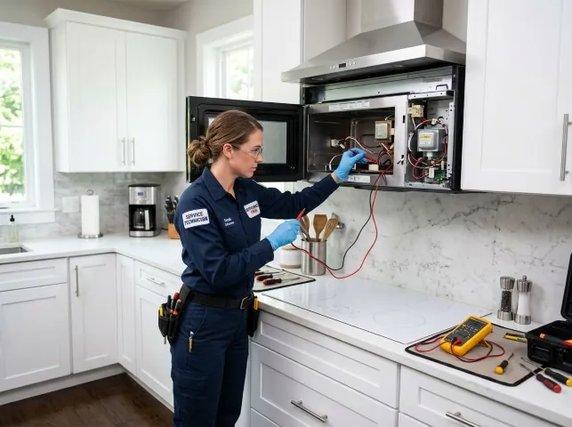 Appliance Repair Hero technician testing an over-the-range microwave in a Antioch, CA kitchen